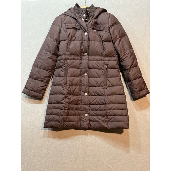 DKNY Down Long Puffer Quilted Brown Coat Jacket Women Size S - Picture 1 of 14